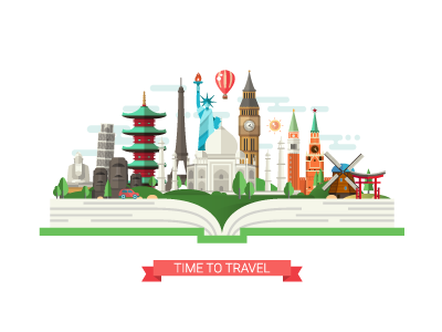 Time to Travel - Flat Design Banner Illustration americ asia book culture design europe famous landmark flat illustration symbol travel world