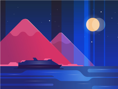 Voyage & Moon Light romantic voyage landscape nature ocean illustration mountain liner ship sea moon night
