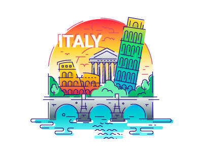 Italy- Travel Illustration coiseum europe illustration italy journey landmark line design pisa tower tour travel trip world