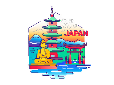 Japan - Line Travel Illustration asia buddha composition fuji hexagon illustration japan pagoda torii tour travel trip
