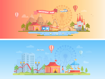 Amusement park amusement banner cityscape concept design fair flat header illustration park urban vector