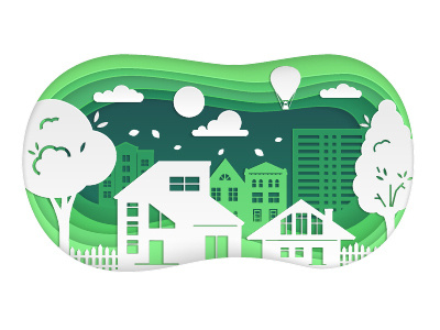 Paper cut town building city cut design green landscape paper style vector