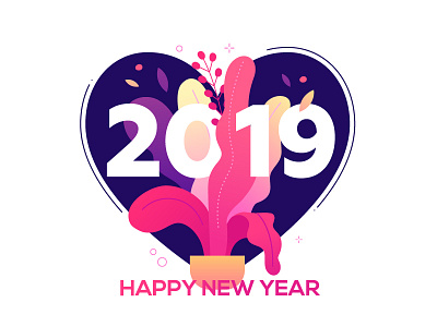 Happy New Year card congratulations design flat design floral illustration new year 2019 plant pot style vector