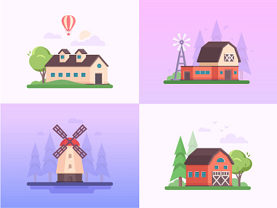 Country landscape barn building farm flat design illustration landscape landscape architecture style vector windmill