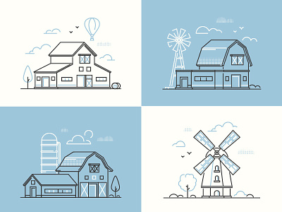 Farm buildings barn country design eco farm illustration line vector windmill