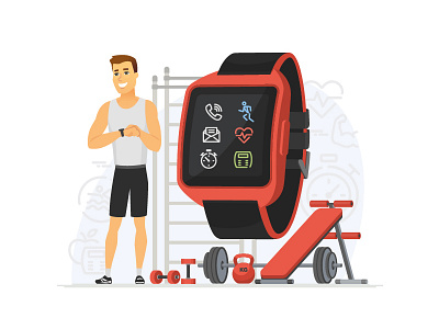 Smart watch cartoon character design gym healthy illustration lifestyle man smart sport technology watch