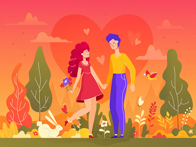 Cute couple character date flat design heart love romantic spring style vector