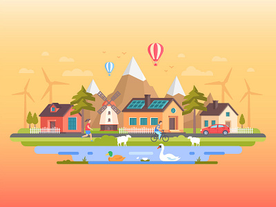 Eco town country eco ecology flat design green illustration landscape solar panel style town vector