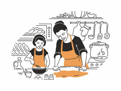 Mother and daughter cooking character design family home illustration line line art outline style vector