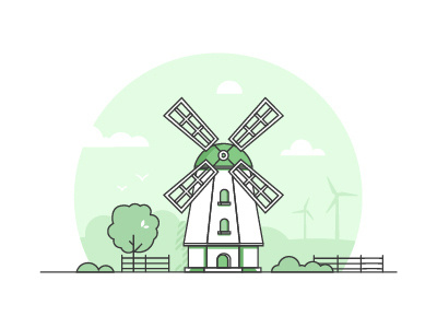 Windmill wind power landscape countryside line art windmill eco green line vector illustration