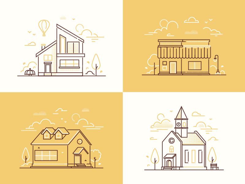 Town life illustrations landscape playground cityscape church building architecture town city outline line style design illustration