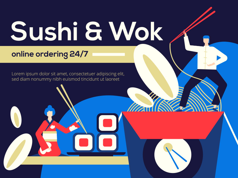 Sushi and wok - illustration order online restaurant food sushi wok composition character style vector flat design illustration