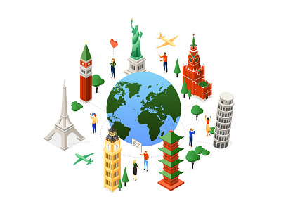 Travel around the world - isometric illustration character design illustration isometric design isometric illustration isometry landmark sightseeing style traveling world