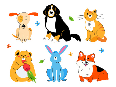 Cute Animals Collection animals breed cat character cute design dog domestic flat design hamster illustration pets rabbit style vector