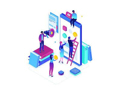 Mobile app development isometric illustration business character composition design flat design illustration isometric illustration isometry mobile app smartphone style vector