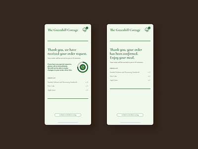 The Greenhill Cottage | Daily UI Challenge 054 (Confirmation) app confirmation daily ui dailyui dailyuichallenge in-room dining menu review ui