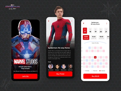 Marvel Movie Spiderman Movie Ticket Booking App app avengers booking booking app cinema app cinema ticket cinematic concept film ironman marvel mcu minimal mobile ui movie app spider man ticket trending ui