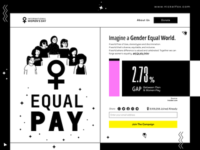 Equal Pay Women's Day Campaign Webpage awareness campaign concept dark theme equal pay equality flat gender pay gap girl illustration international international womens day low wage ui ux web design woman woman illustration womens day