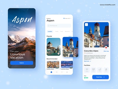 Aspen Travel App Exploration- Mobile App Design adventure app design aspen booking app clean design clean ui concept destination elegant hotel luxurious minimal reservation tourishm tourism travel travel app travel mobile app