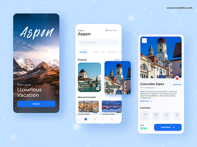 Aspen Travel App Exploration- Mobile App Design adventure app design aspen booking app clean design clean ui concept destination elegant hotel luxurious minimal reservation tourishm tourism travel travel app travel mobile app