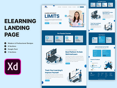 E-Learning Website Landing Page Template adobe xd courses e learning e learning website elearning figma learning minimal online courses ui template unique website ui