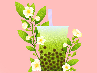 Bobalicious- Green Tea boba design digital illustration floral flower green greentea illustration painting vector
