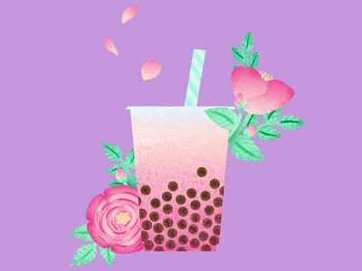 Bobalicious- Rose Tea boba bubble design digital illustration floral flower green illustration painting rose vector
