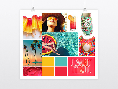 Mood board: "Pop Holiday" freelance graphic design graphic designer holiday mood board palmtree pink sun turquoise yellow