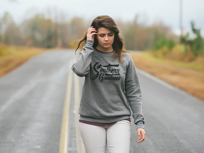 Southern Goodness Ultra Soft Sweatshirt adventure black clothing explore grey model nature outside photography type typography