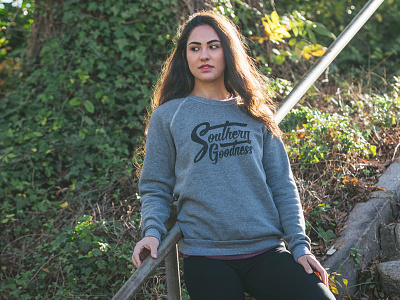 Southern Goodness Ultra Soft Sweatshirt adventure black clothing explore grey model nature outside photography type typography