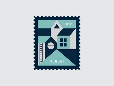 Monday Blue building daily postage design graphic house icon illustration postage stamp vector