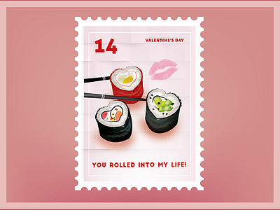 Rolled Into My Life Stamp heart illo illustration love pun stamp sushi type typography valentines vday vector