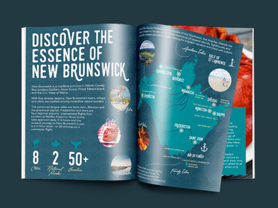 "Discover the Essence of New Brunswick" Travel 2 Sellers Guide blue canada green illustration layout lighthouse map nautical new brunswick sea travel water