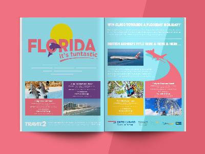 FUNtastic Florida Magazine Spread bold colourful dolphin florida fun orlando plane sun travel usa