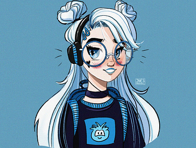 Blue blonde girl anime cartoon character digital drawing girl illustration