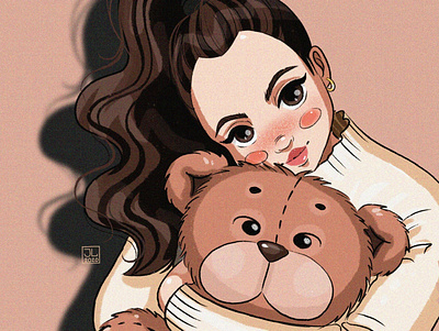 Cute girl with toy bear 🐻 anime cartoon character digital drawing girl illustration portrait