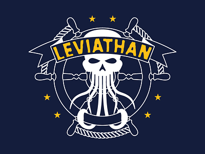 Leviathan banner captain davy jones design flat heartless hydra illustration leviathan navy octopuss rope shirt design skull squid stars vector wheels white yellow