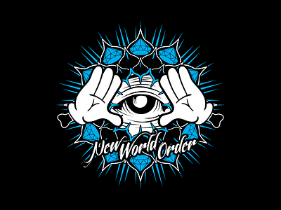 New World Order black cartoon cyan diamond diamonds eye flat hands hip hop illuminati illustration lines new world order points rap sharp typography vector white white board