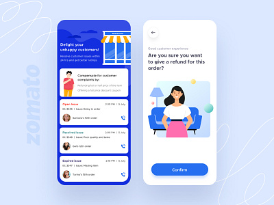 Delight your unhappy customers android app application application ui cards customer design feed food illustrations ios issue merchant mobile outlet restaurants search ui ux