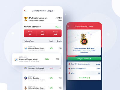 Zomato Premier League article cards credits cricket design events feed game indian premier league interface ios ipl payments payout prediction quiz search success ui ux