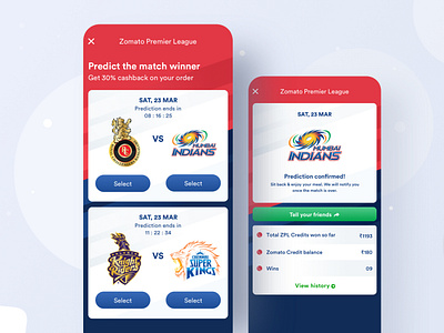Zomato Premier League android cards credits feed game design indian premier league ios ipl payment prediction quiz search stack success teams winner