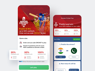Zomato Cricket Cup cashback countries cricket cricketworldcup game game interface gameart gamerules india ios pakistan predict quiz trophy ui ux wallet winner worldcup zomato