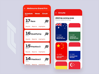 F1 Concept app android app article cards countries design events feed flag formula1 interface ios mobile racing search stories ui ux