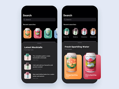 Food and drinks app app application cards darkui design drinks feed food interface ios ios13 mobile search ui ux