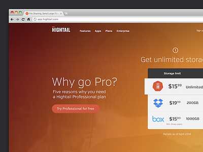 Hightail Professional go pro hightail homepage web webpage