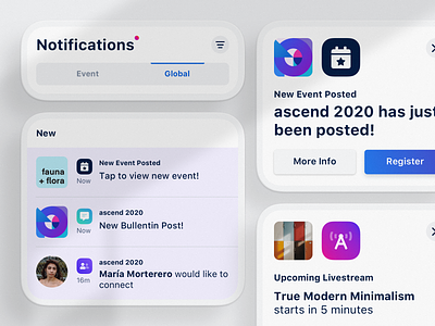 Event Notifications — Live stream + New Events clean connect dailyui event global grid icon mobile modal modals modern notifications space ui ux
