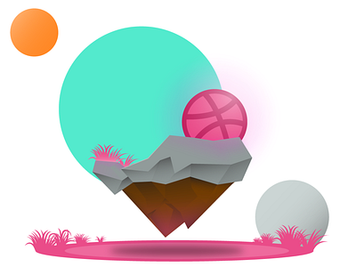 Hello Dribbble debute earth floating floating island grass illustrator island modern moon pink sun