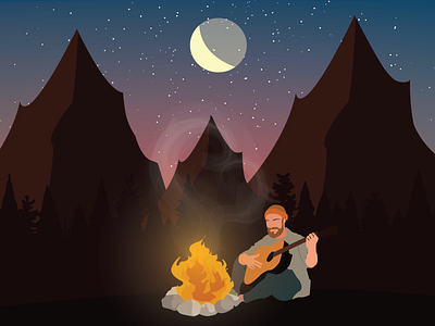 Man playing Guitar in Mountains at night design graphic design illustration