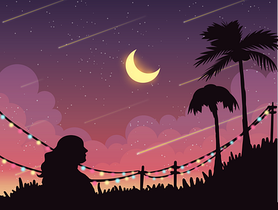 Girl's silhouette looking at the moon design graphic design illustration
