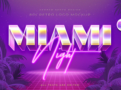 Miami - 80s Retro Logo Mockup 3d 3d text 80s designposter light logo logo text miami mockup neon palms synthwave text text effects tittle typography vector vintage